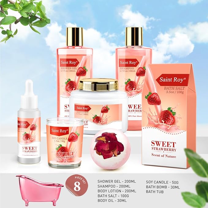 Spa Kit for Women, Bath & Body Gift Set, Luxury Home Spa Bath Gift Basket, Strawberry Scented Bath Set Christmas Gifts for Women, Pamper Gifts for Girls & Teens, Birthday Gift, Bath Self Care Gift