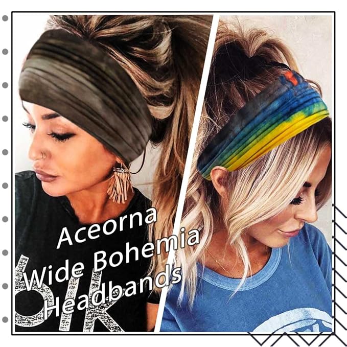 Wide Headbands Stretch Turban Knotted Hairbands Elastic Yoga Workout Sweatband Running Sport Head Scarf Large African Head Wraps for Women 4 Pcs (Set E)
