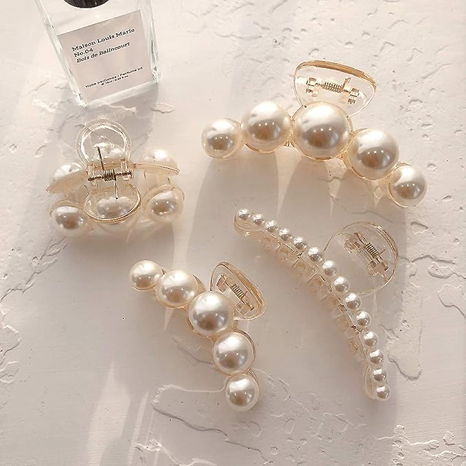 Hair Clips for Women, Large Pearl Hair Claw Clip Set Strong Hold No Slip, Banana Jaw Clip Barrettes, Hair Accessories Birthday Wedding Valentine's Day Gift for Girl Wife Styling Thick Thin (4 PCS)