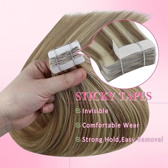 YoungSee Invisible Tape in Hair Extensions for Girls Tape ins Human Hair Extensions Light Brown Highlights Blonde Tapes Hair Extension Real Human Hair for Women Long Straight Hair 22In 20pcs 50g