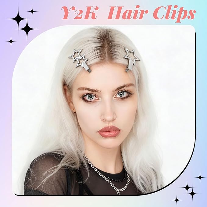 OIIKI 24pcs Silver Y2K Hair Clips, 12 Style Metal Alligator Clips Barrettes for Women, Non-Slip 2000s Star Hairclips Cool Hair Accessories for Thin Thick Straight Curle Hairstyles