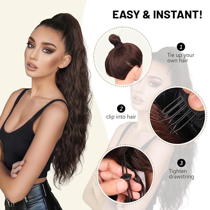 LEEONS 26 inch Drawstring ponytail Extension, Long Wavy pony tails hair extensions for Women - Synthetic Hairpiece Ponytail for Daily Use (Dark Brown)