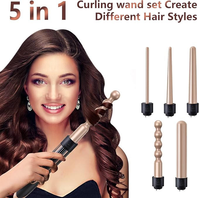 5-in-1 Interchangeable Curling Iron Set - Instant Heat-Up, Ceramic Wands (0.35-1.25 Inch), Beach Waver for Short and Long Hair Styling