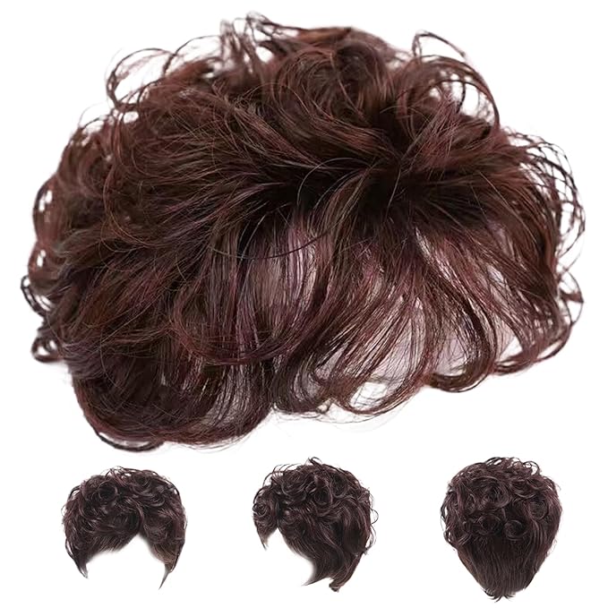 5.1'' Dark Brown Hair Toppers for Women, Curly Synthetic Topper with Bangs, Breathable Fluffy Clip-in Natural Wig Toppers, Thinning Hair/Loss, For Thin