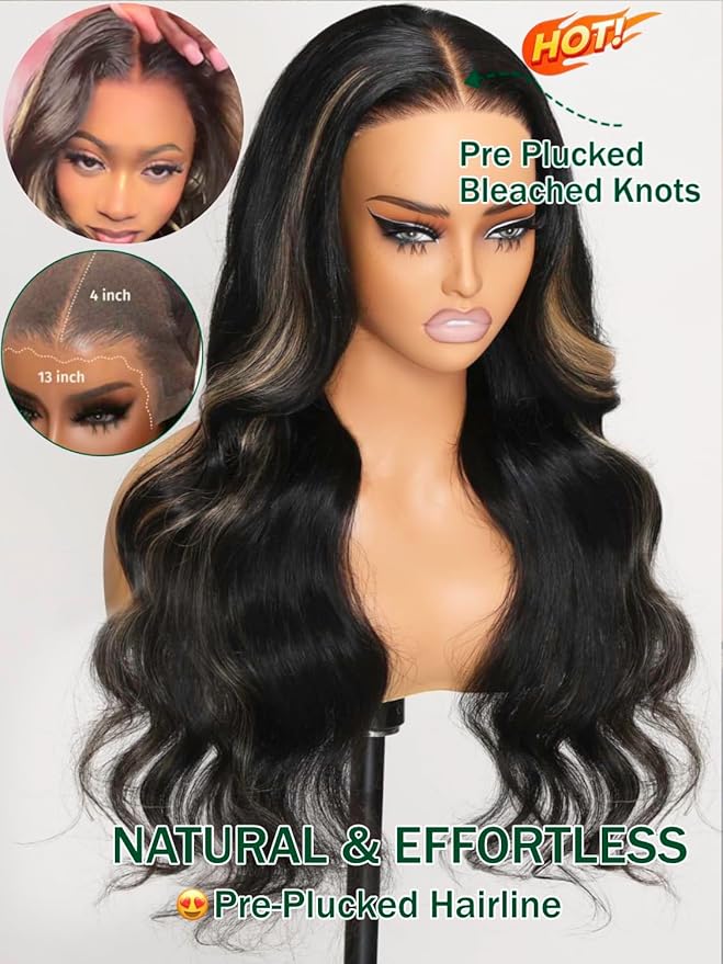 KLAIYI Bye Bye Knots Glueless Wig Human Hair 13x4 Balayage Highlight 3D Body Wave Precut Lace Front Wig with Baby Hair Black Mix Blonde Brown Pre Plucked Pre Bleached Knots Wig 30S Easy to Wear 26Inch