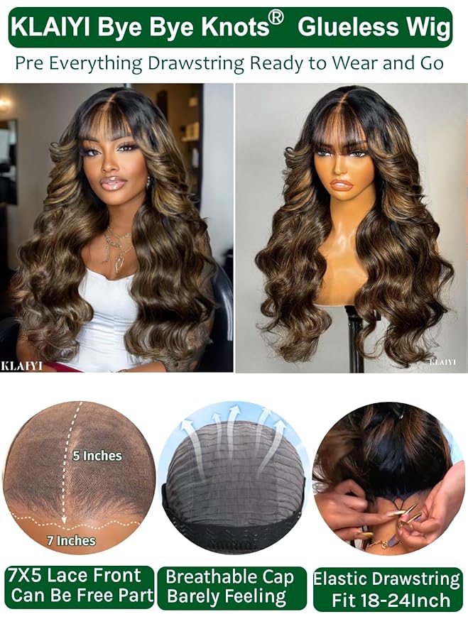 KLAIYI Ombre Brown Loose Body Wave Bye Bye Knots Glueless Precut 7x5 HD Lace Front Human Hair Bang Wig Drawstring Highlight Balayage Brown Pre Plucked Bleached 30S Ready to Wear and Go Wig 180% 18Inch
