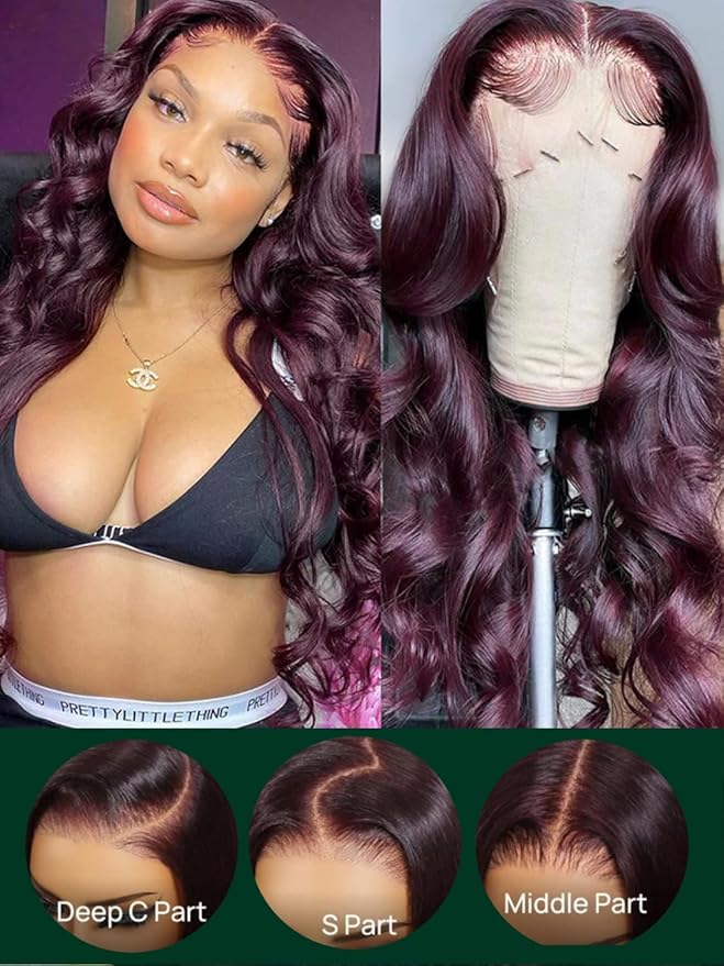 KLAIYI Black Cherry Loose Body Wave Bye Bye Knots Glueless Wig 7x5Precut Lace Front Wigs Human Hair Drawstring Pre Plucked Bleached 30S Ready to Wear and Go Wig with Face Framing Bangs Burgundy 14Inch