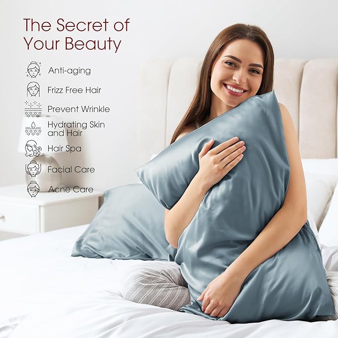 100% Silk Pillow Cases 2 Pack Standard Size Mulberry Silk Pillowcase for Hair and Skin Set of 2 Highest Grade 6A Silk Soft Breathable Cooling with Hidden Zipper, Grey Blue