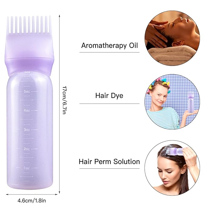 Root Comb Applicator Bottle, 6 Ounce, Hair Oil Applicator, Oil Applicator for Hair Dye, Oil Bottles for Hair, Hair Oiling Applicator with Graduated Scale (2 Pack+20 PCS Disposable Shower Caps, Purple)