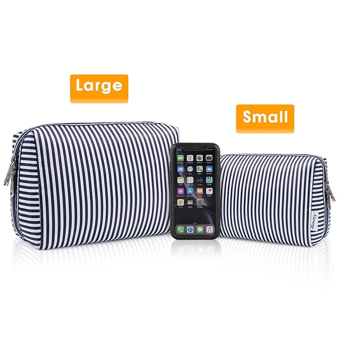 Narwey Cute Makeup Bag Travel Cosmetic Bag Organizer Toiletry Bag Make Up Bags with Compartments for Women Girls (Large, Blue Stripe)