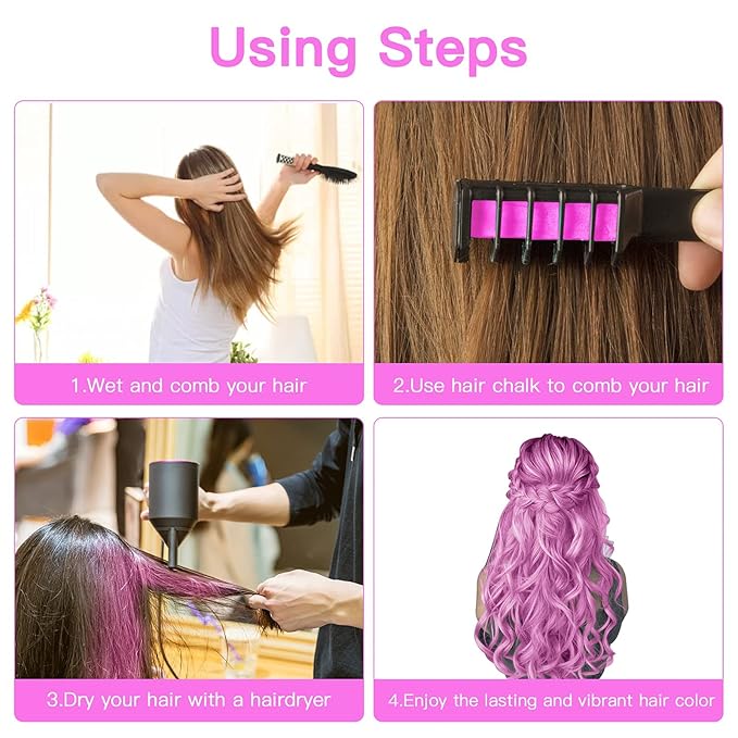 MSDADA New Hair Chalk Comb Temporary Hair Color Dye for Girls Kids with Light Color Hair, Washable Hair Chalk for Girls Age 4 5 6 7 8 9 10 Birthday Cosplay DIY, Christmas (Purple & Pink)