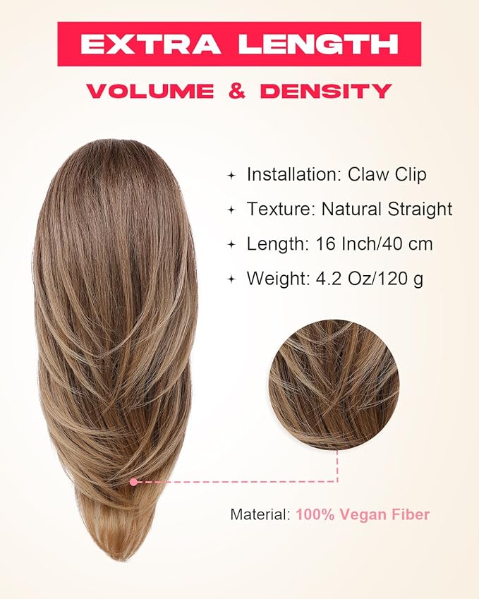 Ponytail Extension – 16” Claw Clip in Ponytail Hair Extensions Natural Soft Synthetic High Pony Tail Hairpieces for Women (Light Brown with Golden Ends, 16 inch)