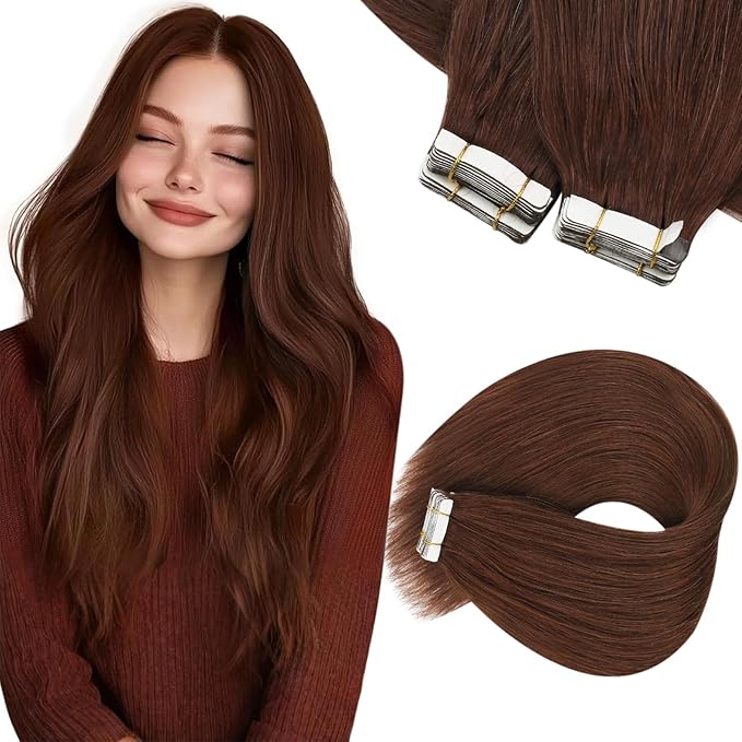Sunny Hair Tape in Hair Extensions Human Hair, 24inch 40Pcs Auburn Brown Human Hair Tape in Extensions Remy Invisible Tape ins Human Hair Extensions Straight