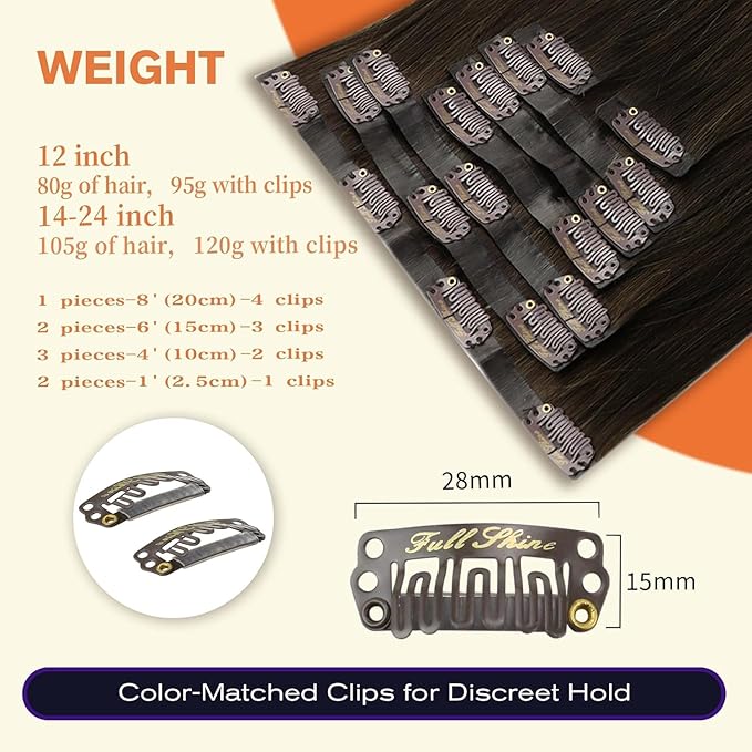 Full Shine Seamless Hair Extensions Clip in 18 Inch Balayage Dark Brown to Light Brown with Honey Blonde Human Hair Clip in Extensions Add Volume 8 PCS 120 G