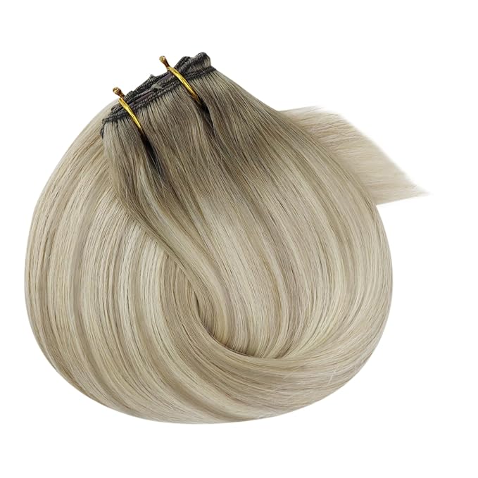 Ve Sunny 24 inch Clip in Hair Extensions Ash Grey Balayage Platinum Blonde Human Hair Clip in Extensions Straight Ombre Full Head Hair Remy Human Hair 7pcs 120g