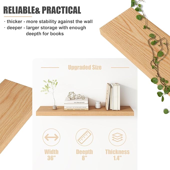 Floating Shelves for Wall, USA-Sourced Oak Wood 36 Inch Long Wall Shelves Set of 2, Natural Wooden Wall Mounted Picture Ledge Shelf, Nursery Book Storage Shelf Kids Bookshelf, Display Shelf