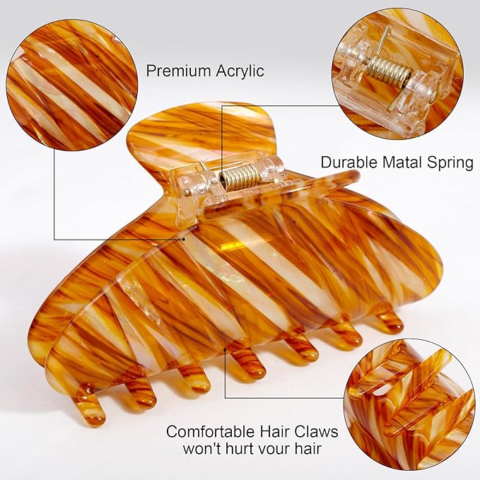 4 Pack Large Cute Acrylic Hair Claw Clips for Women, Strong Hold Non-Slip Barrettes for Thick Hair - Mermaid Striped Design Hair Accessories