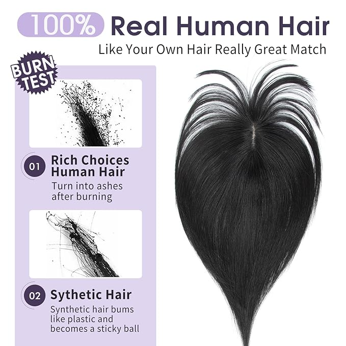 Jet Black Real Human Hair Topper with Bangs Covers Thinning Crown, Receding Hairline for Women 10inch Clip-In Hair Topper for Thinning Hair
