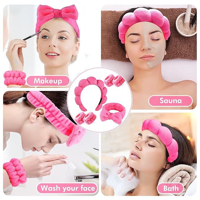 Zkptops 6Pcs Spa Headband for Washing Face Wristbands Set Women Bubble Skincare Makeup Sponge Terry Cloth Padded Puffy Headband Bow Tie Hairband Cute Non Slip Thick Hair Accessory Gifts (Rosy Red)