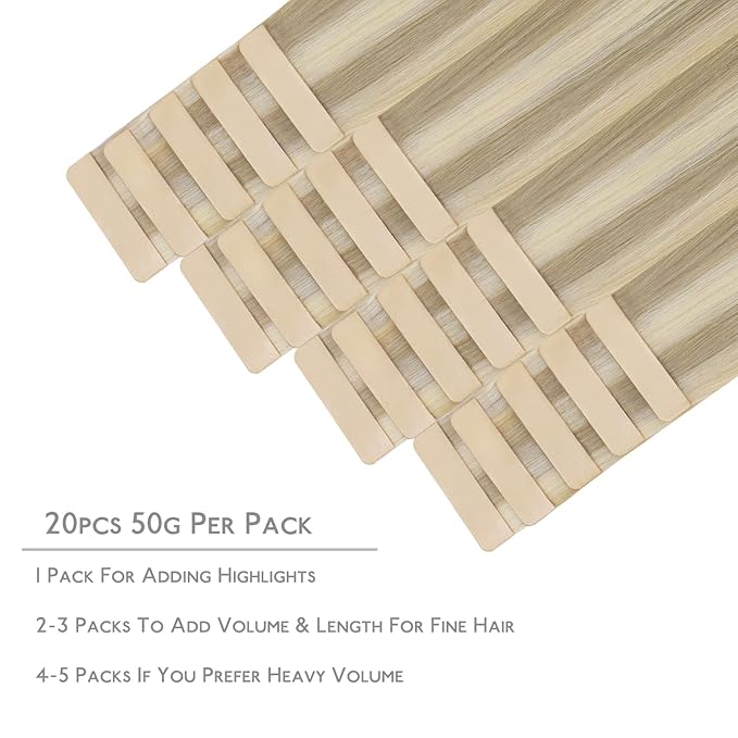 WENNALIFE Tape in Hair Extensions Human Hair, 20pcs 60g 26 inch Ombre Ash Blonde to Golden Blonde Balayage Platinum Blonde Remy Hair Extensions Straight Human Hair Tape in Extensions Skin Weft Tape