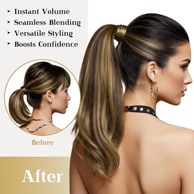 Ve Sunny Hair Extensions Ponytail Real Human Hair 80G Wrap Around Clip in Ponytail Hair Extensions Straight Extensions Human Hair for Women Black Ombre Dark Brown Balayage Caramel Blonde 14inch