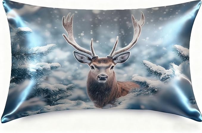 Silk Pillowcase for Hair and Skin Winter Snowy Forest and Deer Satin Pillowcase Standard Size with Zipper Silky Soft Cooling Satin Pillowcase Sleeping for Women 20"x26"