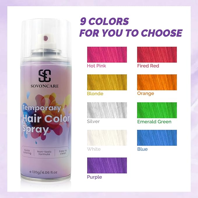 Purple Temporary Hair Color Spray, SOVONCARE Natural Hair Wax Dye Spray for Kids Halloween, Christmas Party, Cosplay -On 1-Day Washable 120ML
