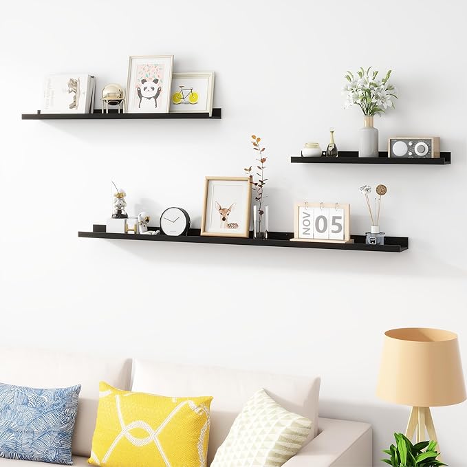 Picture Ledge Shelf, Wood Floating Shelves Set of 2, 36 inch Picture Ledge Shelves, Photo Ledge Nursery Book Shelves Wall Mounted for Living Room Kids' Room Bedroom, Color Black