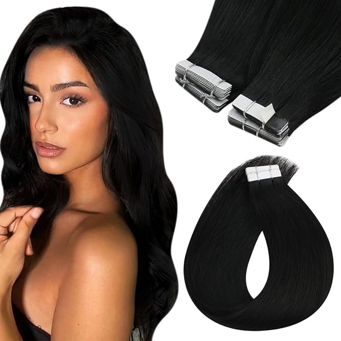 Sunny Hair Tape in Hair Extensions Human Hair 14inch Hair Extensions Real Human Hair Tape in Extensions for Women Solid Black Virgin Hair Natural Straight Skin Weft Double Sided Tapes 20Pcs 50g