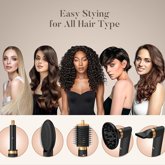 Air Styler 5 in 1, Hair Dryer Brush & Multi-Styler with 110,000 RPM High-Speed Powerful Motor, Auto-Wrap Curler, Cushion Massager, Oval Brush, Diffuser, Nozzle Attachment