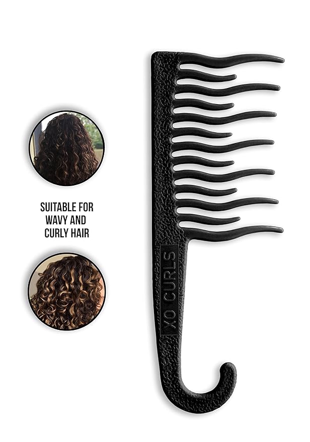 XO Curls Shower detangling hair comb, Wide tooth comb, Comb with hook for easy hanging in shower, Gentle on Scalp, Hair comb for with curly & wavy hair