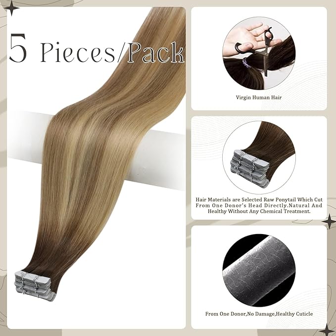 Full Shine Injected Tape in Hair Extensions 5Pcs 18 Inch Virgin Injection Tape in Extensions Color 3 Brown Fading to 8 Ash Brown And 22 Blonde Unprocessed Seamless Tapes in Human Hair 12.5 Gram