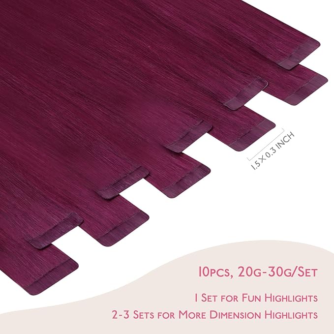 WENNALIFE Tape in Hair Extensions Human Hair Light Burgundy Tape in Extensions, 10pcs 30g 24 inch Remy Invisible Tape Ins Straight Colored Soft Real Human Hair Tape in Extensions Refill Set Extensions