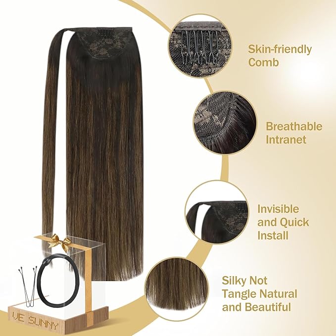 Ve Sunny Hair Extensions Ponytail Real Human Hair 80G Wrap Around Clip in Ponytail Hair Extensions Straight Extensions Human Hair for Women Dark Brown Balayage Chestnut Brown 14inch