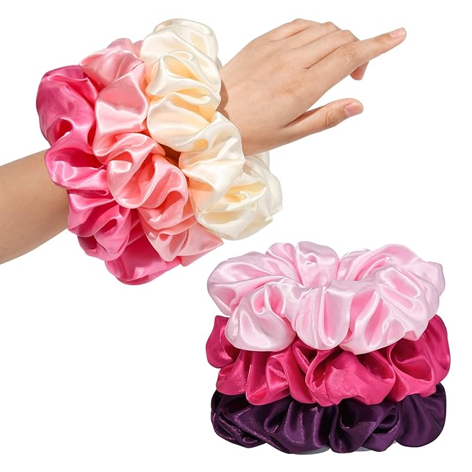 CEELGON Large Silk Satin Scrunchies for Women Big Scrunchies Jumbo Satin Hair Ties Oversized Hair Scrunchies for Thick Curly Hair Pack of 6 (Pink)