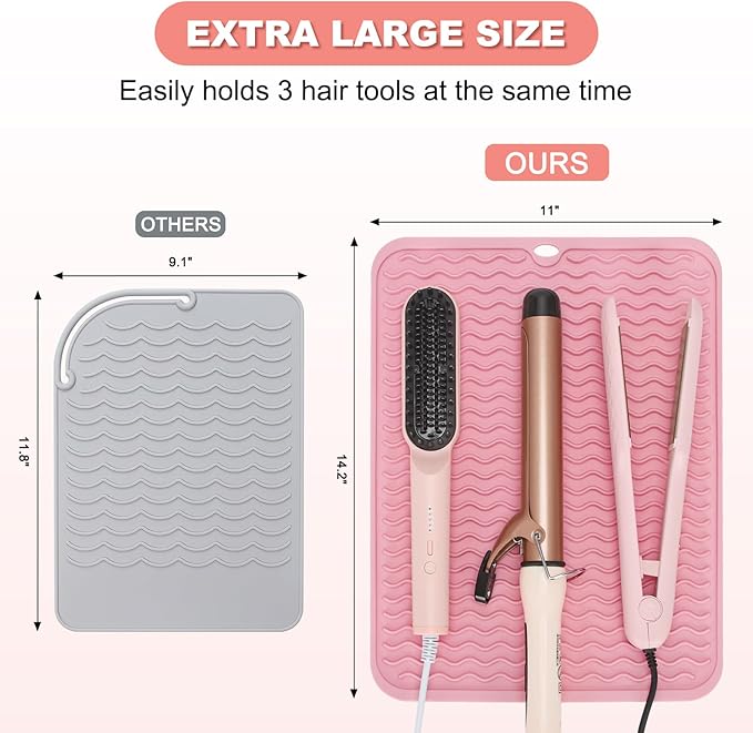 Oversize Silicone Heat Resistant Mat for Curling Irons, Hair Straighteners, Flat Irons and Hot Hair Styling Tools, Portable Wrap Pad Cover for Vanity, Travel, Salon(14.2" x 11.0")
