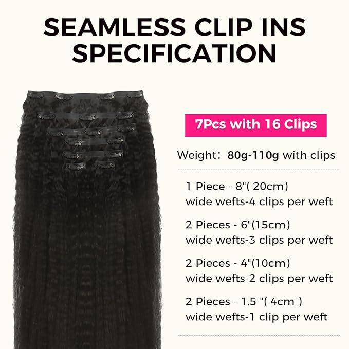 Lashey Clip in Hair Extensions Real Human Hair 110g Kinky Straight Seamless Clip in Hair Extensions Natural Black 18 Inch Human Hair with Invisi Edge for Black Women