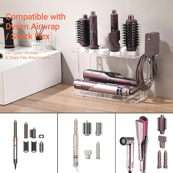 Hair Tool Holder for Dyson Airwrap, Acrylic Double-Layer Storage Holder, Hair dryer Stand Wall Mounted or Desktop, Shark Hair Dryer Holder for Dyson & Shark Attachments, Transparent