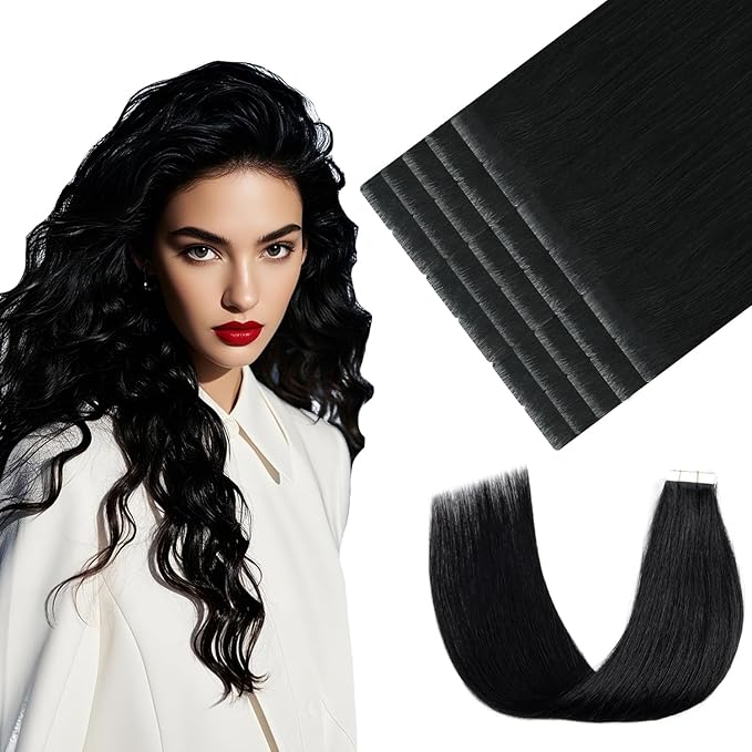 Youngsmile Injection Tape in Hair Extensions Real Human Hair, #1 Jet Black 14 Inch Invisible Edge Tape in Injected Hair Extensions, 20pcs 30g, Straight Remy Virgin Human Hair Tape ins (#1,14'')