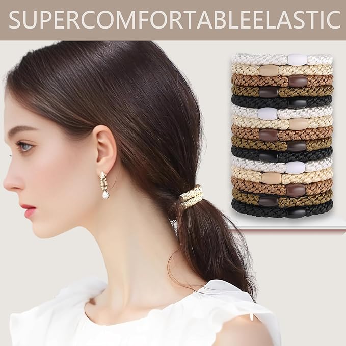 Hair Ties for women 5 styles Hair Elastics(15 No Damage Hair Ties 50 High Elastic Ties 15 Ponytail Holders 2 Bow Hair Clips 20 Snap Hair Clips) Pain-free No Crease multiple colors for all hair types
