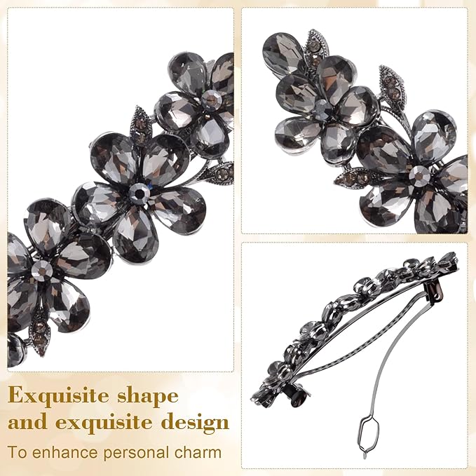 Joez Wonderful Rhinestone Hair Clip Sparkly Crystal Barrettes French Wedding Prom Engagement Pageant First Communion Hair Decorative Accessories for Women Bride Thick Long Hair (Flower Grey, 1 Pcs)