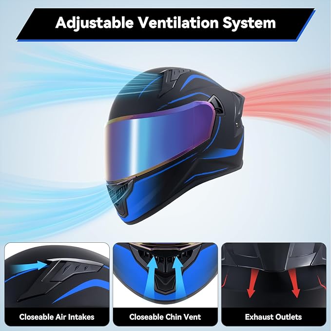 Full Face Motorcycle Helmets for Adult Men Women, DOT Approved Street Bike Racing Helmet Dual Visor Quick Release Buckle, Motorbike ADV Moped Helmet with Extra Clear Visor