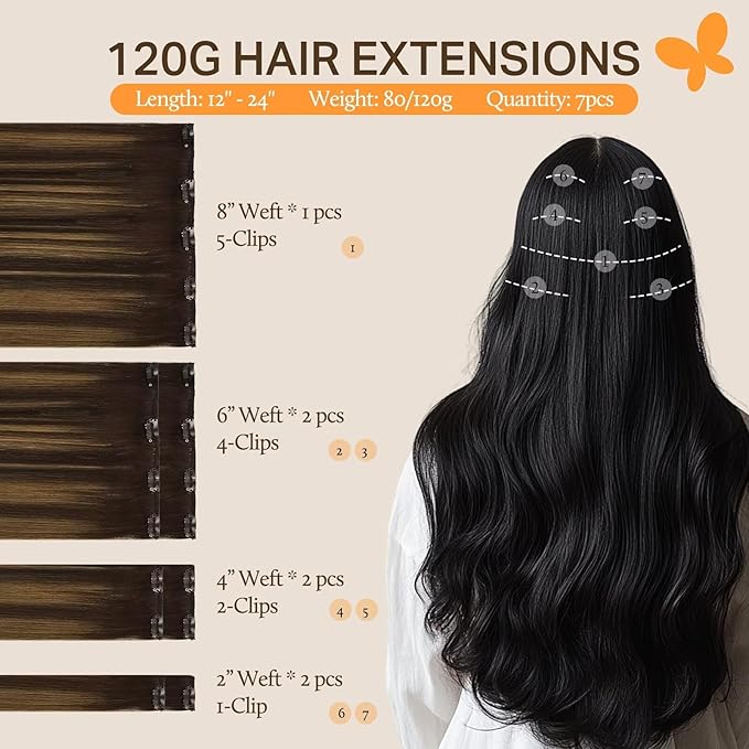 DOORES Human Hair Extensions Clip in Balayage Dark Brown to Chestnut Brown Clip in Remy Hair Extensions Natural Hair 120g Straight 7pcs 24 Inch