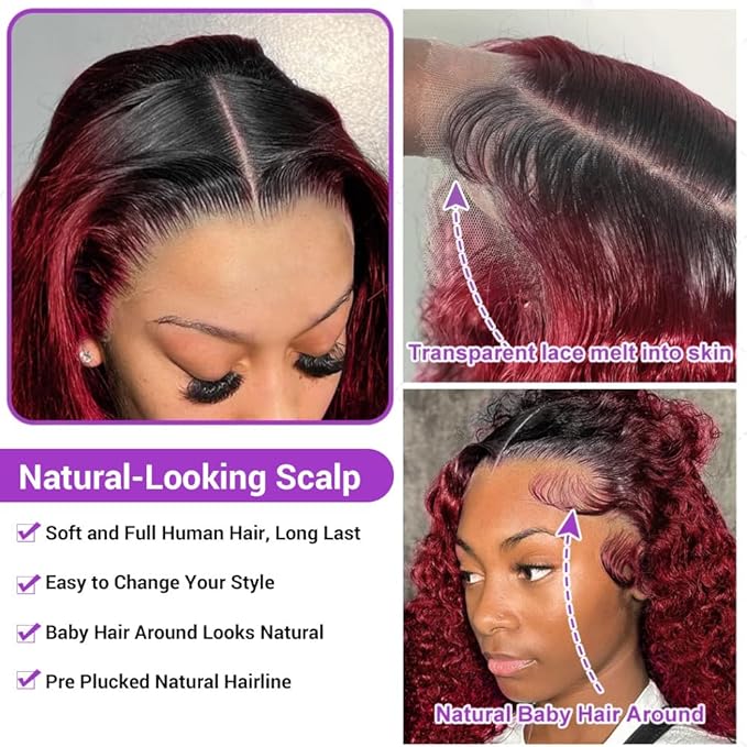 AMIRTY 30Inch 250 Density Burgundy Deep Wave Lace Front Wigs Human Hair Pre Plucked Wigs 13x6 1B/99J Water Wave Human Hair for Women Drawstring Wig Human Hair13x6 HD Burgundy Deep Human Hair Wig
