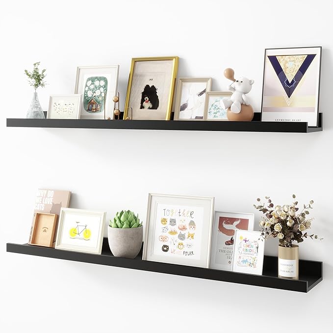 Picture Ledge Shelf, Wood Floating Shelves Set of 2, 36 inch Picture Ledge Shelves, Photo Ledge Nursery Book Shelves Wall Mounted for Living Room Kids' Room Bedroom, Color Black