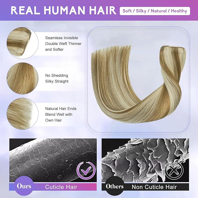 Blonde Clip in Hair Extensions Real Human Hair, 18 Inch 100g Natural Human Hair, Remy Human Hair Extensions Cip ins for Women 8pcs Per Set #16/22 Light Blonde Highlighted Golden Blonde