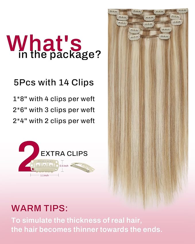 Moresoo Blonde Hair Extensions Clip in Human Hair Remy Short Clip in Human Hair Extensions Medium Brown with Blonde Double Weft 5pcs 80g 10inch