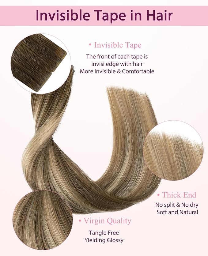 Pinkpearl Invisible Tape in Hair Extensions Human Hair, 20pcs 16inch 45g #3/8/22 Balayage Walnut Brown to Ash Brown and Golden Blonde Injection Tape in Extensions Real Remy Human Hair Injected