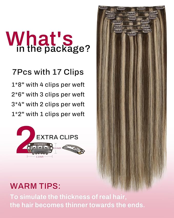 Moresoo Human Hair Extensions Clip ins Brown Highlight Real Hair Clip in Extensions Dark Brown Highlights with Caramel Blonde Double Weft Clip in Human Hair Extensions 7pcs 120g 20 Inch