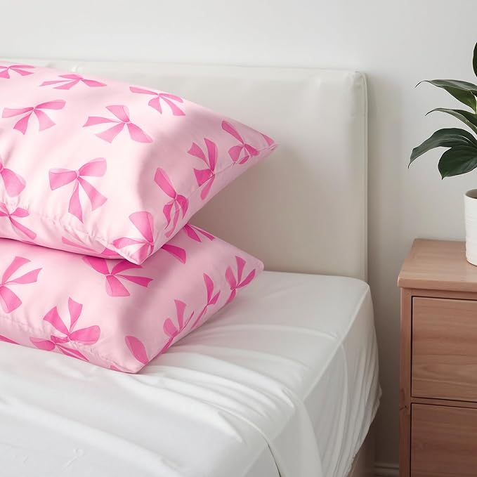 Pink Bow Satin Pillowcase for Hair & Skin Care, Standard Size Set of 2 - Luxurious Satin Pillow Cover with Envelope Closure(20x26 Inches)